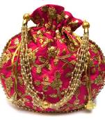 Shoptory India Hand Embroidered Rajasthani Jaipuri Silk Potli With Pearl handle For Women & Girls - Pink