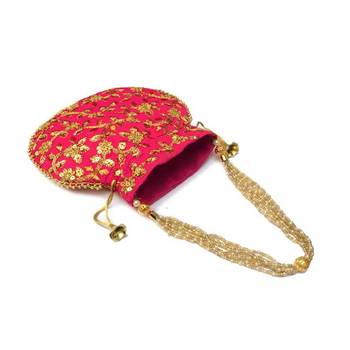 Shoptory India Hand Embroidered Rajasthani Jaipuri Silk Potli With Pearl handle For Women & Girls - Pink 2