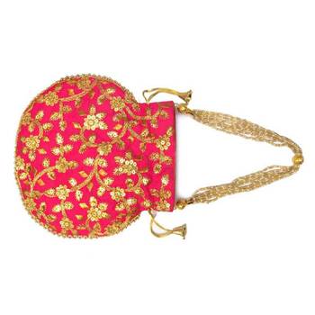 Shoptory India Hand Embroidered Rajasthani Jaipuri Silk Potli With Pearl handle For Women & Girls - Pink 3