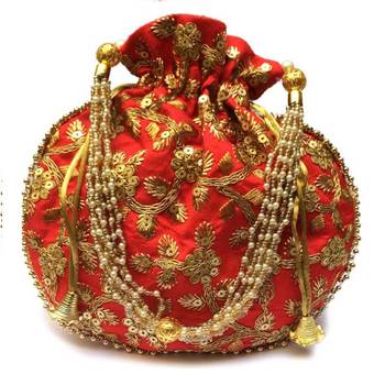 Shoptory India Hand Embroidered Rajasthani Jaipuri Silk Potli With Pearl handle For Women & Girls - Red 1