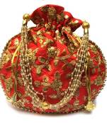 Shoptory India Hand Embroidered Rajasthani Jaipuri Silk Potli With Pearl handle For Women & Girls - Red