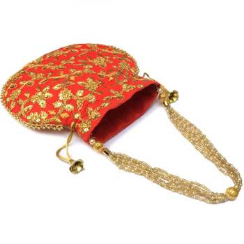 Shoptory India Hand Embroidered Rajasthani Jaipuri Silk Potli With Pearl handle For Women & Girls - Red 2