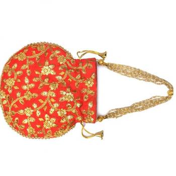 Shoptory India Hand Embroidered Rajasthani Jaipuri Silk Potli With Pearl handle For Women & Girls - Red 3