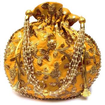 Shoptory India Hand Embroidered Rajasthani Jaipuri Silk Potli With Pearl handle For Women & Girls - Yellow 1