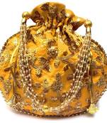 Shoptory India Hand Embroidered Rajasthani Jaipuri Silk Potli With Pearl handle For Women & Girls - Yellow