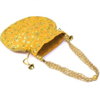Shoptory India Hand Embroidered Rajasthani Jaipuri Silk Potli With Pearl handle For Women & Girls - Yellow 2