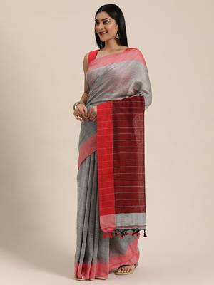 Grey Plain Cotton Handloom Sarees With Blouse 2