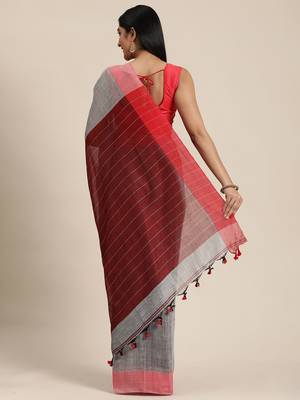 Grey Plain Cotton Handloom Sarees With Blouse 3