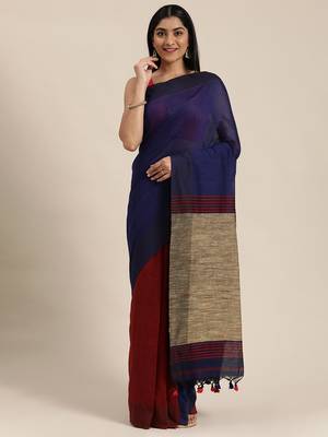 Blue Plain Cotton Handloom Sarees With Blouse 2