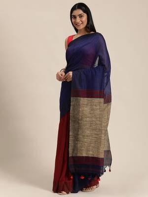Blue Plain Cotton Handloom Sarees With Blouse 3
