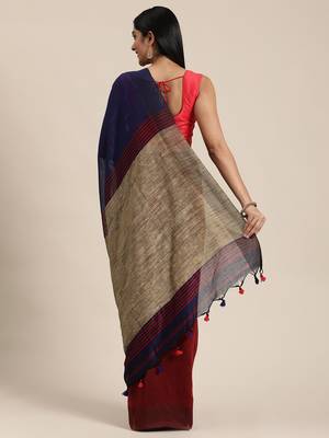 Blue Plain Cotton Handloom Sarees With Blouse 4