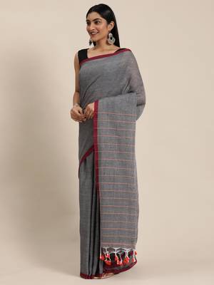 Grey Plain Cotton Handloom Sarees With Blouse 2