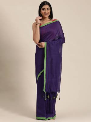 Purple Plain Cotton Handloom Sarees With Blouse 2