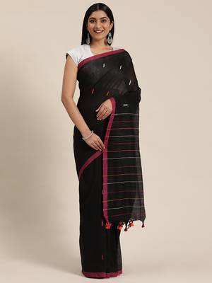 Black Plain Cotton Handloom Sarees With Blouse 2