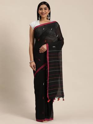 Black Plain Cotton Handloom Sarees With Blouse 3