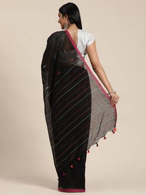 Black Plain Cotton Handloom Sarees With Blouse 4