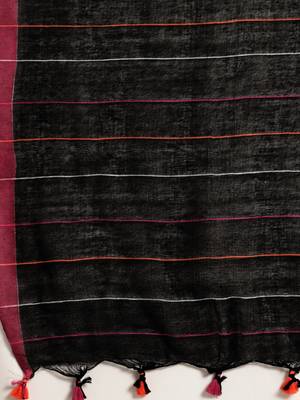 Black Plain Cotton Handloom Sarees With Blouse 6