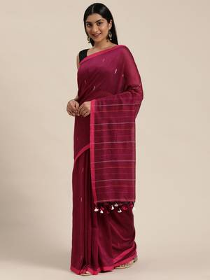 Purple Plain Cotton Handloom Sarees With Blouse 2