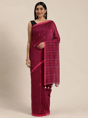 Purple Plain Cotton Handloom Sarees With Blouse 3