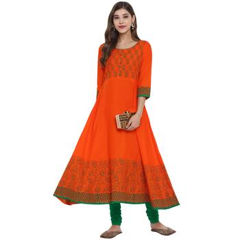 G COLLECTION Orange printed cotton cotton-kurtis 2
