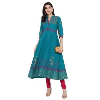  Teal-blue printed cotton cotton-kurtis 2
