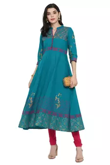  Teal-blue printed cotton cotton-kurtis