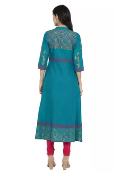  Teal-blue printed cotton cotton-kurtis