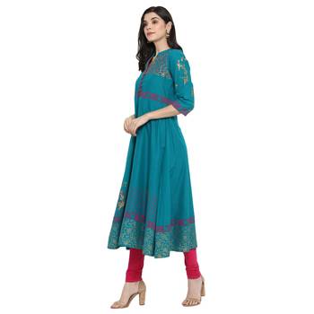  Teal-blue printed cotton cotton-kurtis 4