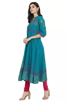  Teal-blue printed cotton cotton-kurtis