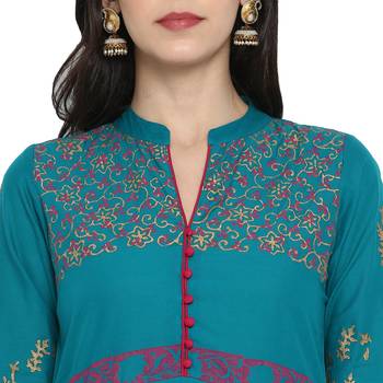  Teal-blue printed cotton cotton-kurtis 5