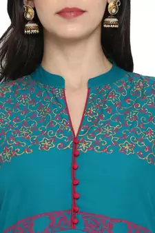  Teal-blue printed cotton cotton-kurtis