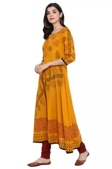  Mustard printed cotton cotton-kurtis