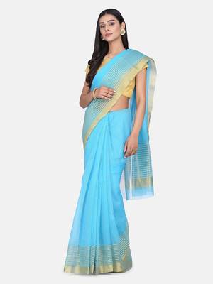 Sky-Blue Woven Cotton Silk Saree With Blouse 1