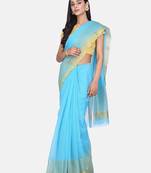 Sky-Blue Woven Cotton Silk Saree With Blouse