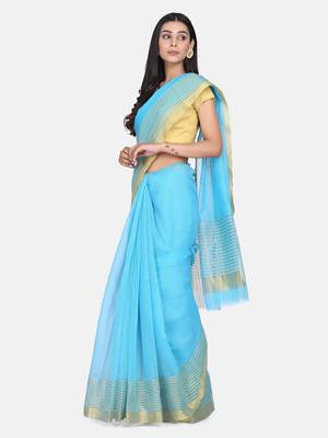 Sky-Blue Woven Cotton Silk Saree With Blouse 3