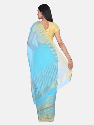 Sky-Blue Woven Cotton Silk Saree With Blouse 4