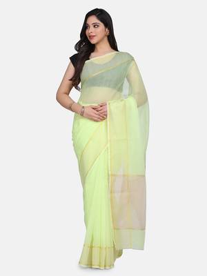 Green woven cotton silk saree with blouse 1