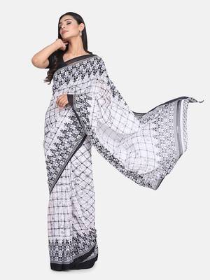 white printed georgette saree with blouse 1