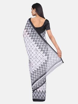 white printed georgette saree with blouse 4