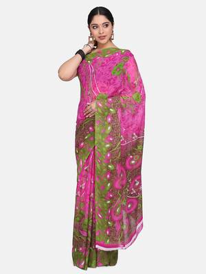 Pink printed georgette saree with blouse 1