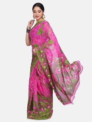 Pink printed georgette saree with blouse 3