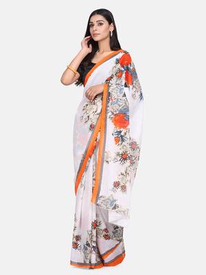 White Printed Georgette Saree With Blouse 1