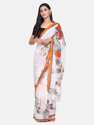 White Printed Georgette Saree With Blouse 3