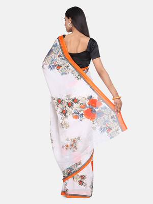 White Printed Georgette Saree With Blouse 4