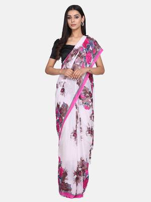 White Printed Georgette Saree With Blouse 1