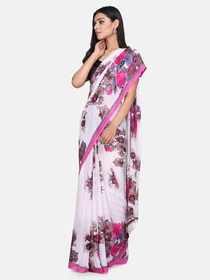 White Printed Georgette Saree With Blouse 3