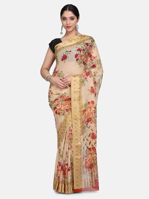 Beige Printed Chiffon Saree With Blouse 1