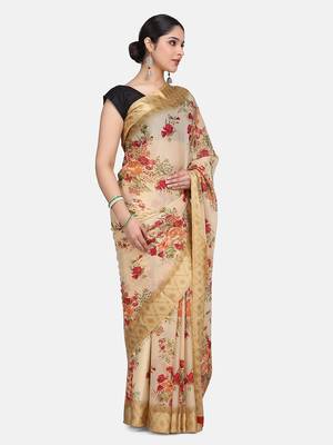 Beige Printed Chiffon Saree With Blouse 3