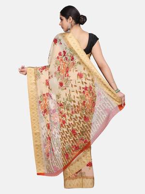 Beige Printed Chiffon Saree With Blouse 4