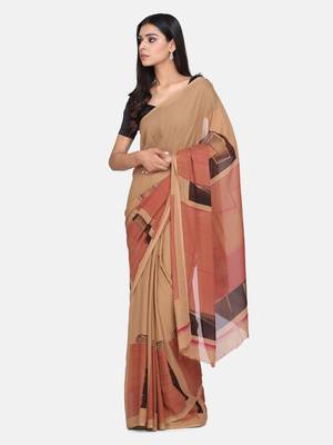 Beige printed georgette saree with blouse 3
